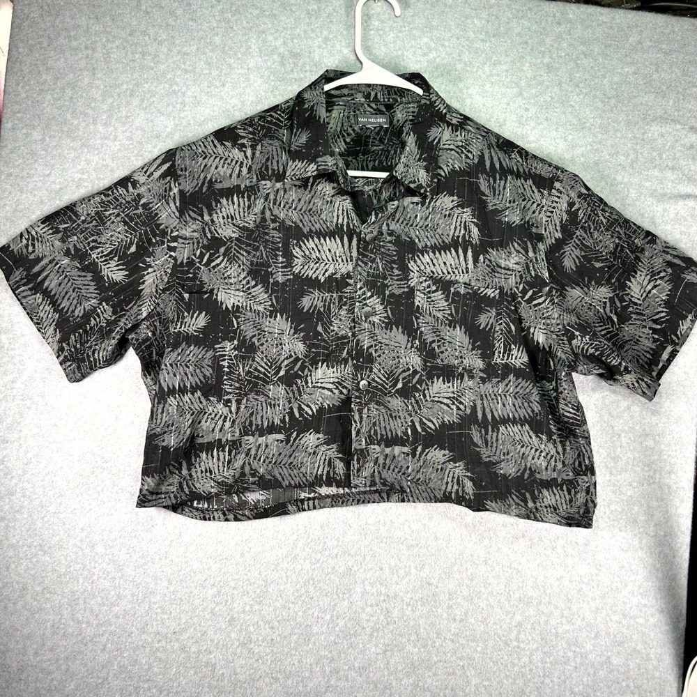 Van Heusen Shirt Women 1X Black Gray Tropical Leaf Print Short Sleeve Button Up